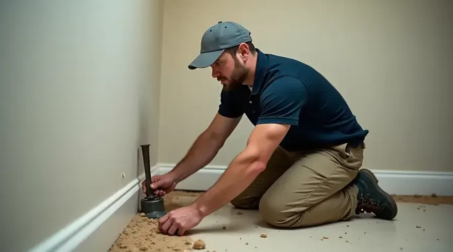 A technician checking a wet baseboard with a moisture meter in a home