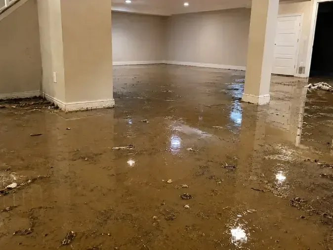 A finished lower level with standing water across the floor before extraction