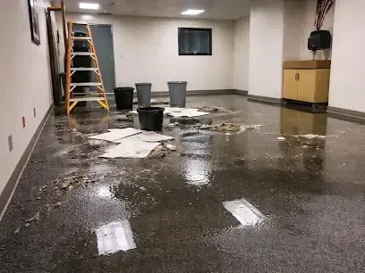 Buckets and a ladder in a flooded commercial room with a soaked floor