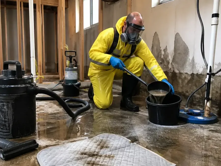 Contaminated water being extracted by a worker wearing protective gear