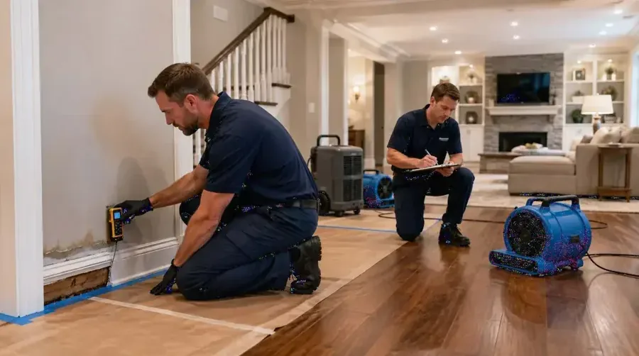 Two technicians reading moisture along a baseboard as an air mover runs