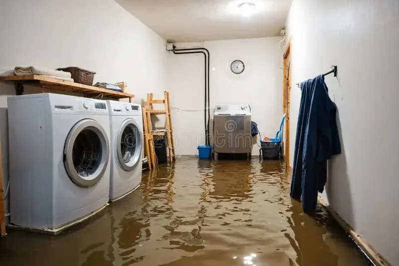 A washer and dryer standing in water in a flooded laundry room