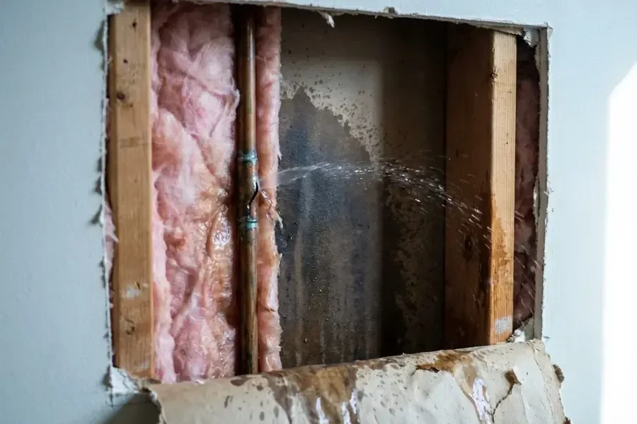 A supply pipe spraying into an opened wall cavity with soaked insulation