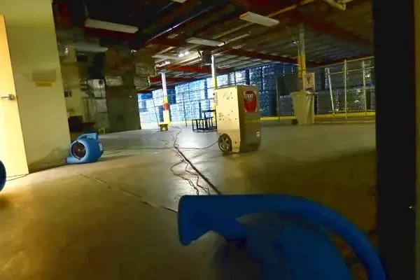 Air movers and a dehumidifier drying a large commercial room