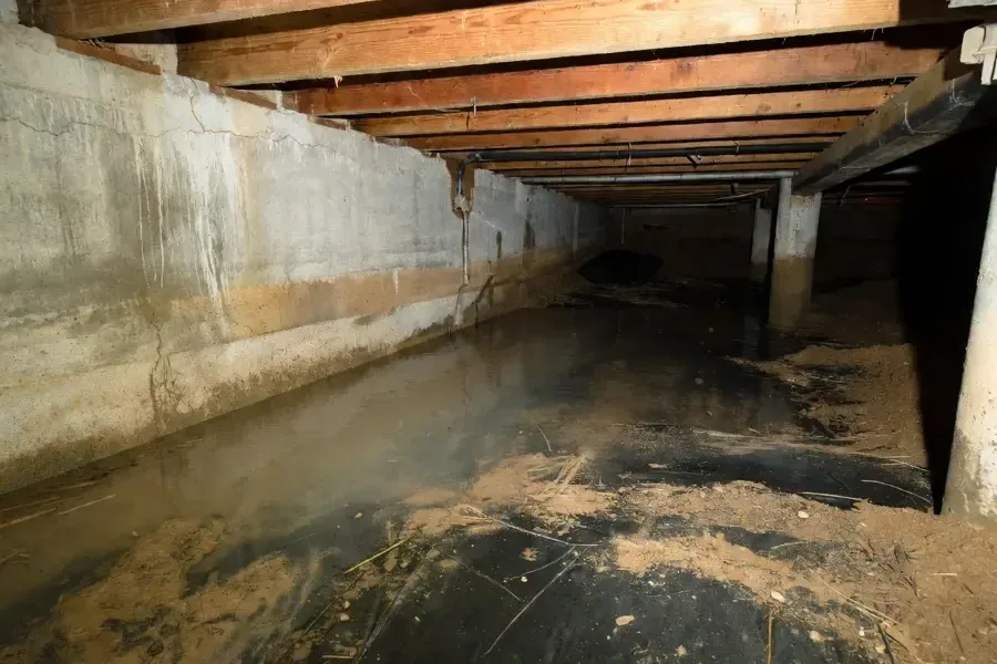 Water pooled beneath the floor joists in a crawl space