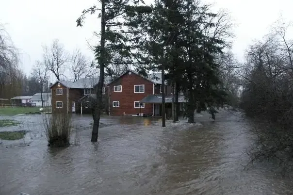 A creek over its banks, running past two-story homes and evergreen trees