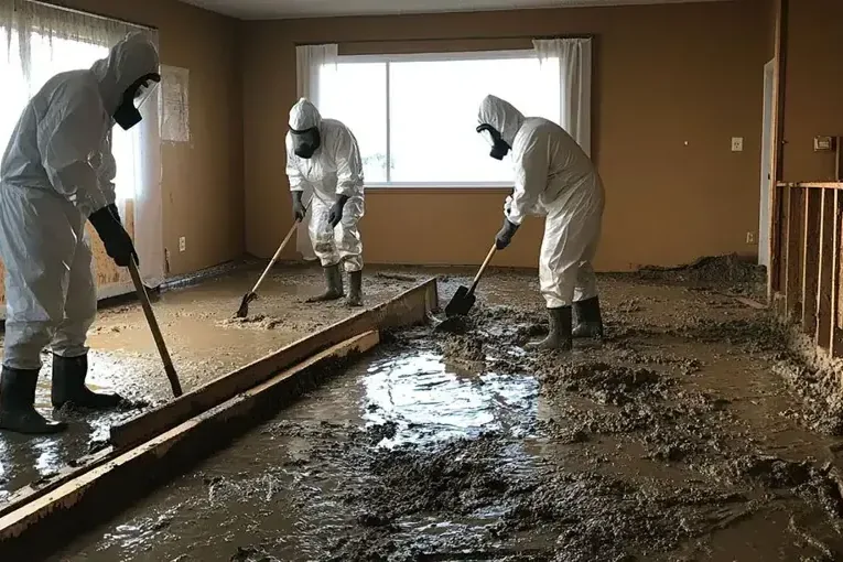 Workers in protective suits hauling sewage-soaked debris out of a room